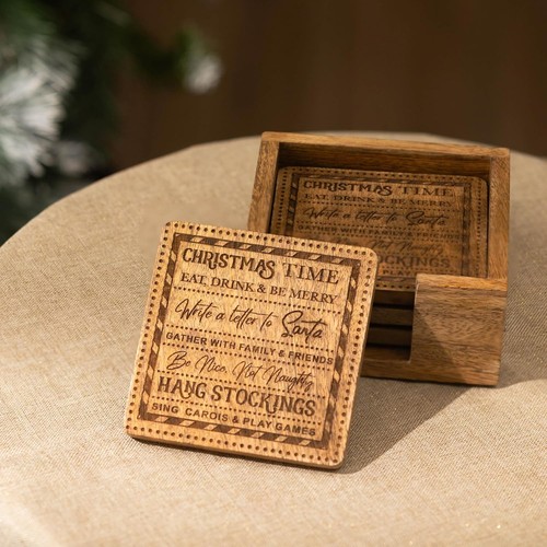4pc wooden christmas coasters - wooden, christmas coasters